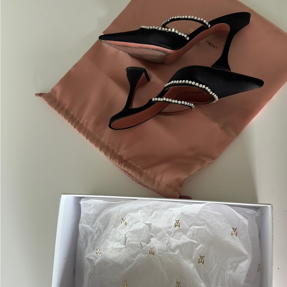 Amina Muaddi Black Satin Gilda Heels Pumps with Crystal Accents - Picture 11 of 13